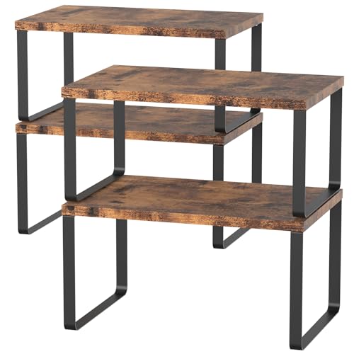 Set of 4 Counter Shelves Kitchen Stackable Cabinet Shelf Wood Organizer Expandable Counter Top Racks Brown Bathroom Counter organizer - color: Brown