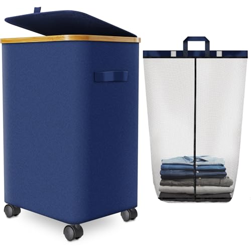 Laundry Hamper with Wheels,20 Gal (75L) Laundry Basket with lid Rolling Clothes Hamper Foldable Dirty Clothes Basket on wheels with Bamboo Frame and Bag for Bedroom, Dorm, Laundry Room-Blue - color: Blue, size: 75 L