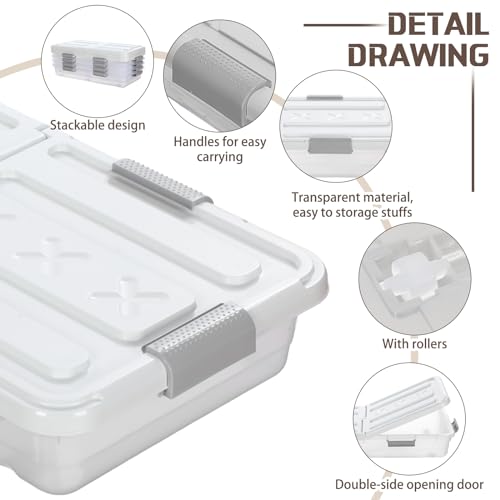 Beeveer 4 Pcs Plastic Under Bed Storage Container with Double Opening Lid Wheel Handle, Transparent Large Capacity Stackable Latching Festival Storage Bin for Closet Bedroom, 31.5x15.8x5.2 In(White) - color: White