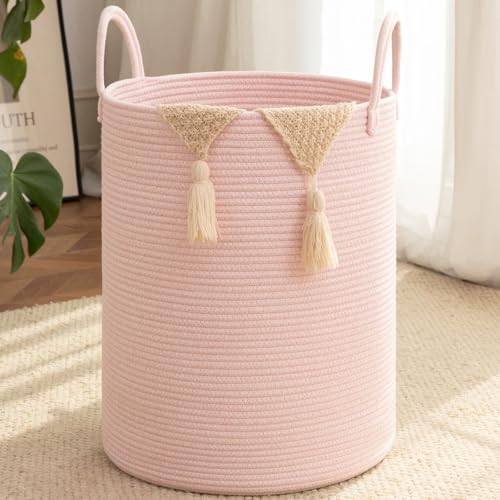 OIAHOMY Large Laundry Basket Hamper - 100L Cotton Rope Woven Basket for Blankets, Toys, Clothes - Tall Decorative Nursery Hamper with Long Handles, Pink - color: Pink, size: 100L