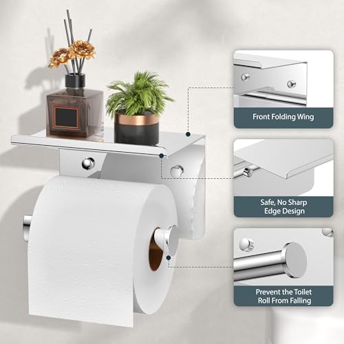 FORIOUS Toilet Paper Holder with Shelf, Adhesive or Screw Wall Mount Toilet Roll Holder for Bathroom, Rustproof 304 Stainless Steel Commercial Toilet Tissue Holder with Phone Shelf, Chrome - color: Chrome