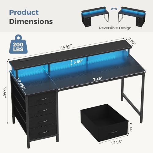 DUMOS 47 Inch Computer Desk with 4 Drawers,4 Drawer Gaming Desk with Power Outlets and LED Lights,Office Desk for Small Spaces with Monitor Shelf,Writing Desk for Home Office, Bedroom,Study,Black - color: Black, size: 47 Inches