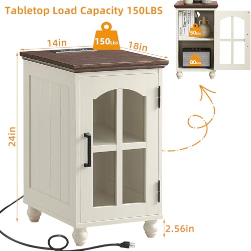 Narrow Side Table,Farmhouse Nightstand with Charging Station,Wood End Table with Glass Barn Door Storage, Cabinet Organizer with Adjustable Shelf, Night Stand for Small Spaces for Living Room Bedroom - color: White, size: Set 1