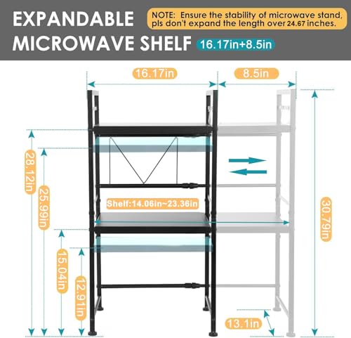 DOLALIKE Microwave Oven Rack, Expandable Microwave Stand Countertop Kitchen Utensils Tableware Storage, Carbon Steel Over Microwave Shelf Countertop with 3 Hooks - color: Black, size: 3 Tier (Without Spice Rack)