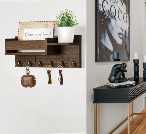 RelaxScene Key Holder Wall Mount - Decorative Key Rack and Mail Organizer with 6 Key Hooks - Wooden Key Hanger with Shelf for Living Room Decor - Rustic Farmhouse Home Entryway Aesthetic Essentials - color: Brown, size: M(12''x4.8'')