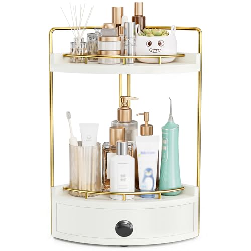 2-Tier Corner Bathroom Counter Organizer with Drawer & Embedded Screw Holes - Wooden Countertop Organizers for Skincare, Makeup Storage, Bathroom Sink Counter Shelf for Vanity, Kitchen, White Gold - color: White Gold