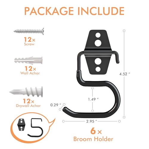 LIGHT DUST Broom Holder Wall Mount - 6 Pack Tool Hangers Garage Wall Hanging Organizer - Heavy Duty Metal Large S Hooks for Mop Shovel Rake Shed Garden Lawn Yard Handle Tools Organization (Black)