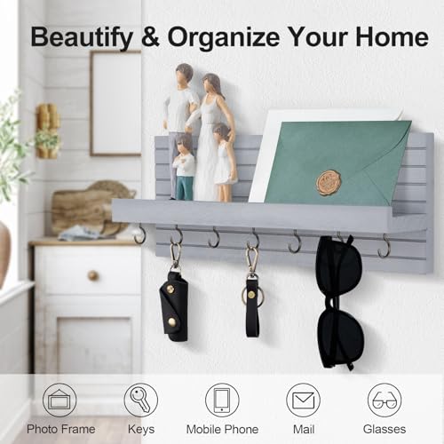 Lwenki Decorative Key Holder for Wall with Shelf, Entryway Shelf with Hooks Holds Leashes, Jackets and Glasses – Sturdy Wood Keyholder Entrance Hanger with Mounting Hardware (Gray, Large) - color: Gray, size: Large