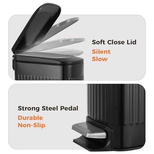 TrashAid Small Black Bathroom Trash Can with Lid Soft Close, 6 Liter / 1.6 Gallon, Stainless Steel Garbage Can with Removable Inner Bucket, Step Pedal, Slim Wastebasket for Toilet, Office, Bedroom - color: Black