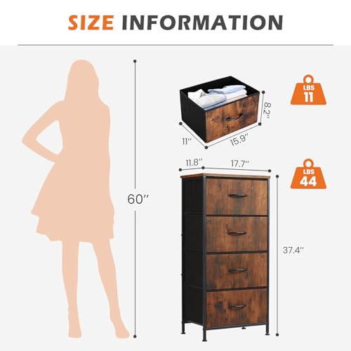 Sweetcrispy 4 Drawer Dresser, Fabric Storage Tower Organizer with Sturdy Steel Frame and Wood Top, Easy Pull Handles, for Bedroom, Closet, Entryway, Hallway, Brown - color: Brown, size: 17.7"D x 11.8"W x 37"H (4 Drawers)