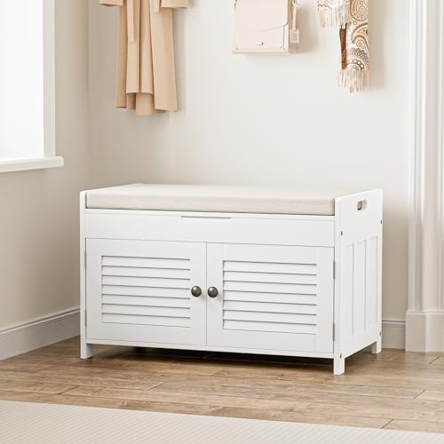 WARMHONIU Shoe Storage Bench with Lift Top Storage, Entryway Bench with Cushioned Seat, Adjustable Shelf, 2 Tier Shoe Rack with Doors for Entryway, Bedroom, Hallway, Mudroom, White - color: White, style: Lift Top Storage