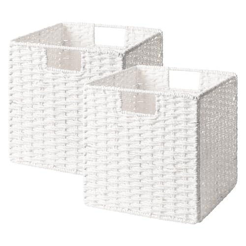StorageWorks 11 inch Wicker Storage Cubes, Handwoven Cube Storage Bin, Square Cubes Basket, Foldable Paper Rope Basket for Organizing, White, 2 Pack - color: White, size: 11"L x 11"W x 11"H