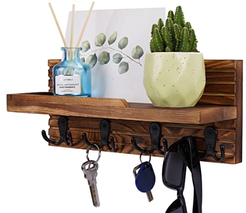 Decorative Key Hanging Rack with 4 Double Hooks – Easy Install Natural Wooden Key and Mail Holder for Wall Mount – Entryway Decor Rack with Shelf (Brown) - color: Brown