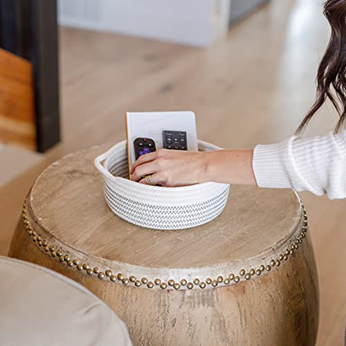 NaturalCozy 5-Piece Round Small Woven Baskets Set– Cotton Rope Baskets for Organizing! Montessori Toys, Fruits Remotes Key Tray Bowl for Entryway Desk, Shallow Catchall Home Décor, Cat Dog Bin Gift - color: Off White & Black Stitching