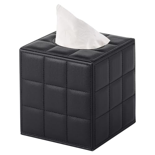 Tissue Box Cover Square Tissue Box Holder PU Leather Facial Organizer with Magnetic Bottom,Decorative Napkin Caddy for Vanity Dresser Night Stand Table Countertop Home Office Car,Black - color: Square Tissue Box-black Grid