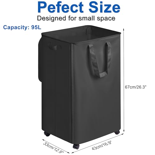 Vincona Slim Laundry Hamper with Lid and Wheels, Small Rolling Laundry Basket with Handle for Small Spaces, Tall Dirty Clothes Hampers for Dorm, Bathroom and Bedroom, 95L Black - color: Black, size: 95L