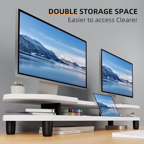 AFOOYO 2 Tier Dual Monitor Stand Riser,Wider Board Computer Monitor Stand for 2 Monitors,Slot For Phone/Tablet Office Desktop Organizer for Laptop,PC,Computer,Printer,White - color: Beech-White, size: 2 Tier