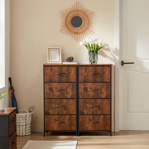 DUMOS Nightstand with 4 Drawers Bedside Table with Removable Fabric Bins Sturdy Steel Frame Wood Top Organizer Furniture for Bedroom Closet Living Room - color: Brown, size: 11.8"D x 17.7"W x 37.4"H (4 Drawers)