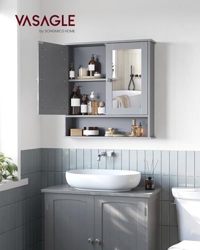VASAGLE Bathroom Cabinet with Mirror, Wall Cabinet with 2 Mirrored Doors, Adjustable Shelf, Open Compartment, Wall-Mounted, 5.1 x 22.2 x 23 Inches, Dove Gray ULHC002G02 - color: Dove Gray, size: 5.1"D x 22.2"W x 23"H