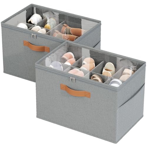 2 Pack Shoe Organizer for Closet,Foldable Shoe Storage Organizer with Adjustable Dividers, Shoe Storage Box with Clear Cover, Fits up to 16 Pairs, Gray - color: Gray, size: 2 Pack