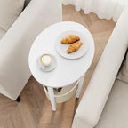 Vagusicc Round Side Table End Table with Storage Basket, Small Side Table Round Nightstand for Small Spaces, Tall Oval End Table with Steel Frame, Coffee Bedside Table for Living Room Bedroom, White - color: White
