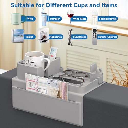 Couch Arm Cup Holder CLESOO Couch Arm Tray Anti-Slip Couch Cup Holder Silicone Sofa Armrest Tray Dual Side Pocket Couch Drink Holder Sofa Caddy Arm Remote Holder Snack Caddy with Phone Holder Grey - color: Grey
