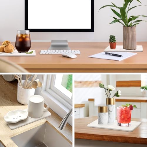 2 Pcs Water Absorbing Stone Drying Trays for Bathroom Sink Kitchen Counter Soap Dish Dispenser Sponge Holder White Ceramic Bathroom Vanity Quick Dry Stone Mat for Kitchen Sink Marble Diatomite Tray - color: White Marble