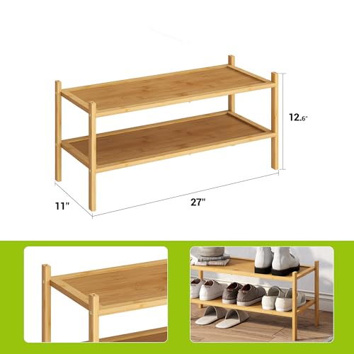 BMOSU 2-Tier Bamboo Shoe Rack Premium Stackable Shoe Shelf Storage Organizer for Hallway Closet Living Room Entryway Organizer(Natural) - color: Natural, size: 2-Tier（27*11*12.6inches）