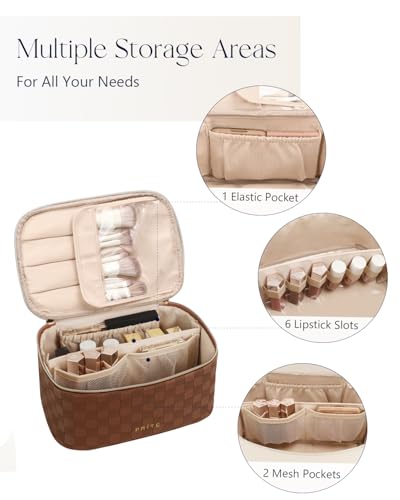 Prite Makeup Bag, Large Capacity Portable Travel Cosmetic Bag, Waterproof Makeup Organizer for Women with Handle and Divider (001 Checkered Brown) - color: 001 Checkered Brown