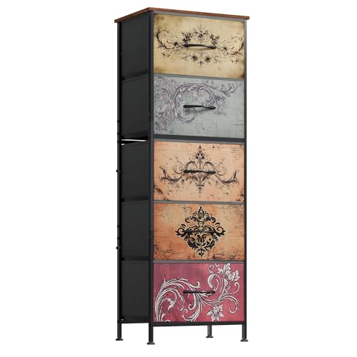 WLIVE Fabric Dresser, 5-Drawer Tall Dressers for Bedroom, Storage Dresser Organizer with Fabric Bins, Wood Top, Sturdy Steel Frame, Chest of Drawers for Closet, Hallway, Pattern - color: Pattern