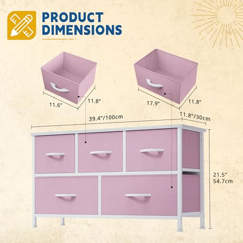 DWVO Dresser for Room with 5 Drawers - Fabric Storage Tower, Long Fabric Dresser, Organizer Unit for Closet, Hallway - color: Pink, style: 5-Drawer