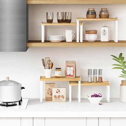 Goozii Kitchen Cabinet Organizer Set of 4, Desk Shelf Riser, Stackable Cabinet Pantry Cupboard Organizer, Kitchen Counter top Shelf, Storage Rack for Spices, Plates, Bamboo Wood, White - color: White-bamboo, size: Medium