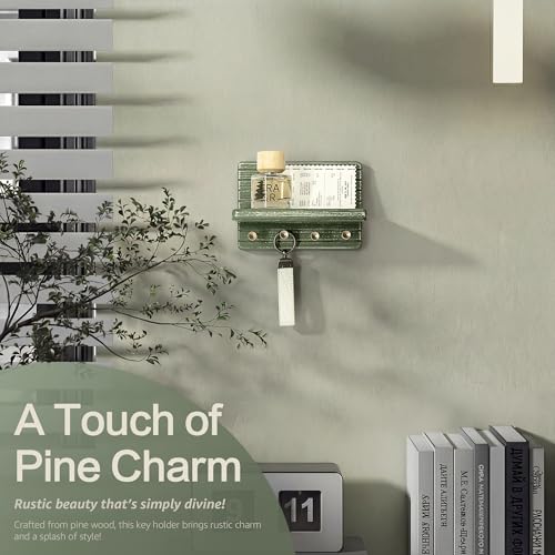 Rebee Vision Pine Wood Key Holder Wall Mount – Decorative 7-inch Key Holder for Wall with Wooden Shelf & Hooks – Room Decor Aesthetic Perfect for Various Settings (Green) - color: Green, size: Small-7inch