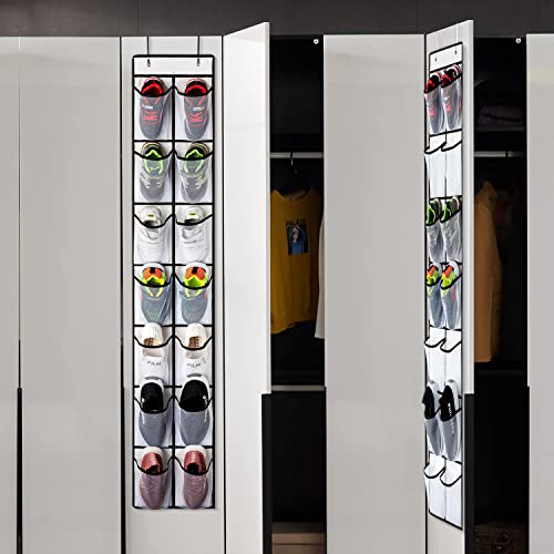 KEEPJOY Over the Door Shoe Organizer, Hanging Shoe Organizer with 4 Hooks, Shoe Holder with 14 Mesh Pockets Closet Door Shoe Storage Bag (White-2Pack) - color: White-2 Pack of 14