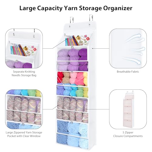Univivi Hanging Yarn Storage Organizer with 5 Zipper Closure Compartments, Large Capacity Knitting Organizer Storage, Over the Door Hanging Yarn Holder for Knitting Needles,Crochet Hooks (Clear White) - color: Clear White, size: 5 Tiers