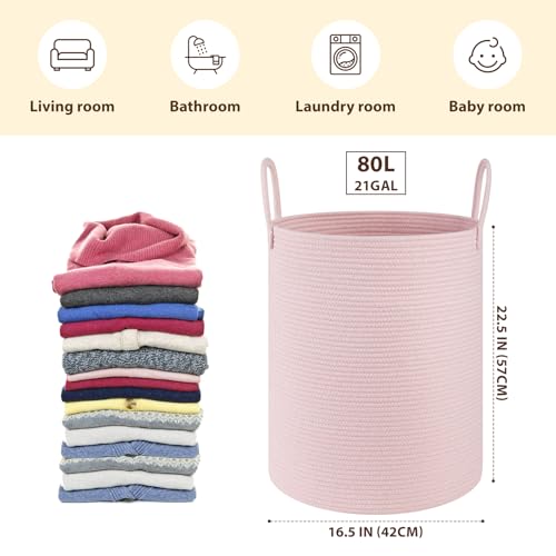 OIAHOMY Large Laundry Basket Hamper - 80L Cotton Rope Woven Basket for Blankets, Toys, Clothes - Tall Decorative Nursery Hamper with Long Handles, Pink - color: Pink, size: 80L