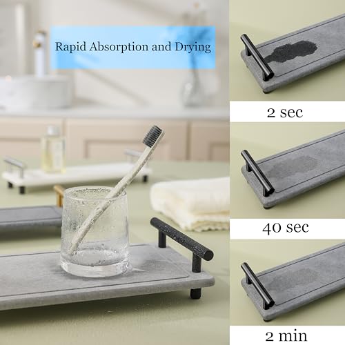 2PCS Water Absorbing Stone Tray, Instant Dry Sink Caddy, Stone Drying Tray with Black Handle, Deco for Bathroom Sink, Bathroom Small Caddy (Dark Grey & Black Handle, Small) - color: Dark Grey & Black Handle, size: Small
