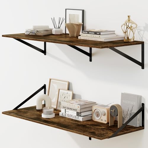 Fun Memories Floating Shelves for Wall, 12 Inch Deep Floating Shelves Set of 2, 36W x 12D Large Wall Shelf with Sturdy Metal Brackets for Living Room, Bathroom, Bedroom and Kitchen, Rustic Brown - color: A-rustic Brown, size: 36"W x 12"D