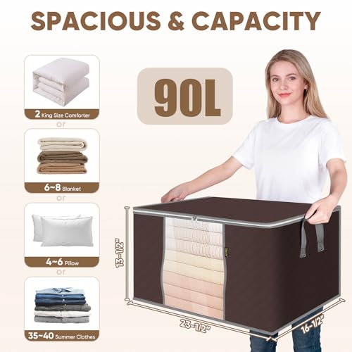 BALEINE 2 Pack Clothes Storage Bags, 24 Gallon Storage Containers with Reinforced Handle, Sturdy Zipper, Closet Organizer for Blanket, Comforter, Pillow, Bedding (Brown, 2 Pack) - color: Brown, size: 2 Pack-24 Gallon
