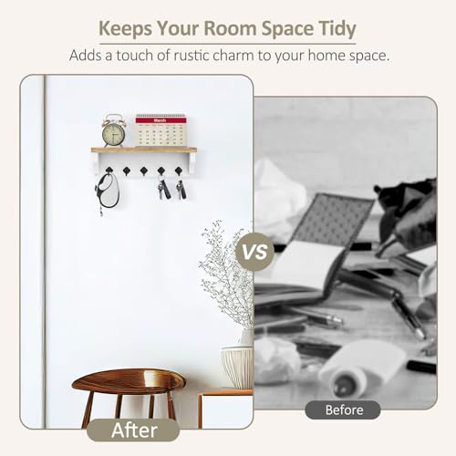 Nekon Key Holder for Wall, 11.8" W x 3.5" H x 2.8" D Decorative Key Organizer with Floating Shelf, Wall Mount Key Rack with 5 Hooks (Wood) - color: Wood