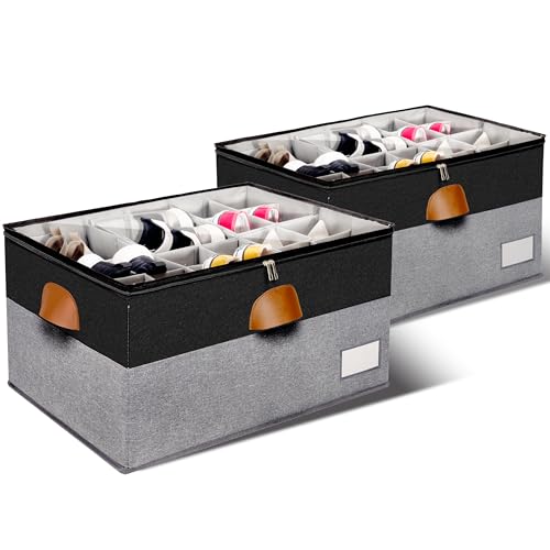 2 Pack Shoe Organizer for Closet, Adjustable Shoe Box Storage Containers, Large Foldable Shoe Bins with Clear Cover, Space Saving Shoes Holder with 4 Handles, Fits 24-48 Pairs, Black - color: Black and Grey, size: (2 Pack) 25 ½"L x 17"W x 12 ½"H