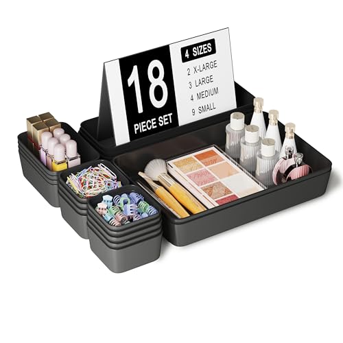 Plastic Drawer Organizers, 18 PCS Drawer Organizer Bins, Bathroom and Vanity Organizer Plastic Tray, Makeup organizer and storage for Makeup, Bedroom, Kitchen Gadgets Utensils and Office (Black) - color: Black, size: 18pcs