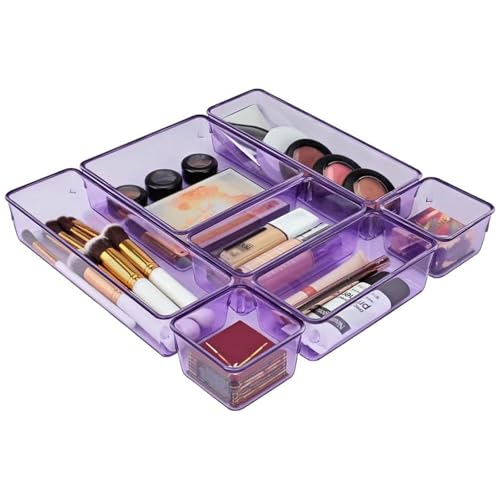 Acrimet Drawer Organizer Modular, Box Tray Storage Bins for Office, Home, Makeup, Kitchen, Junk Drawer (7 Units - 4 Sizes) (Clear Purple Plastic) - color: clear purple