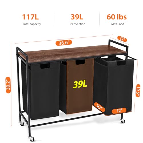 Laundry Sorter 3 Section, Rolling Laundry Hamper with Shelf, 3 Compartment Laundry Basket with Lid, Organizer Rustic Wooden Top (Black) - color: Black