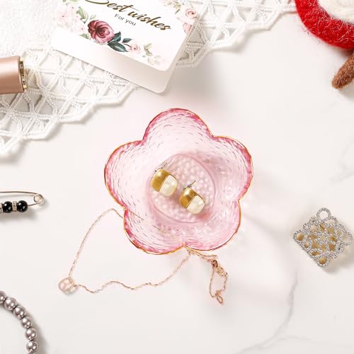 Gifts for Women Trinket Dish Flower Jewelry Dish Pink Glass Ring Holder Jewellery Tray Cute Room Decor Aesthetic Bedroom Accessories Unique Birthday New Home Mothers Day Gifts for Women Friends(2 pcs) - color: 2 Pcs Pink-9cm