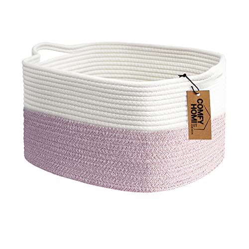 COMFY-HOMI Cotton Rope Woven Medium Basket with Handles for shelf，Cloth Storage Basket for Organizing-13.5X11X9.5 Storage Bin for Bedroom, Newborn or Infant Gift for boy girl （White/Pink） - color: white/pink, size: 13.5"X11"X9.5"