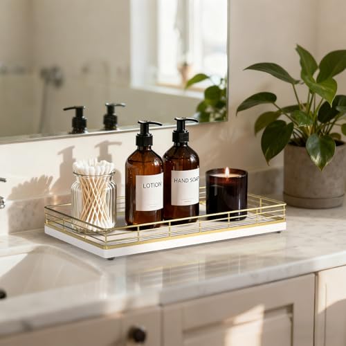 Large Bathroom Vanity Tray – 13" x 8" Oak Decorative Wooden Tray for Bathroom Countertop & Vanity Organizer, Wood Tray for Perfume, Skincare & Accessories Storage, Vanity Dresser Decor Gold & White - color: Gold & White, size: 13" x 8" x 2"