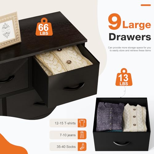 Sweetcrispy 9-Drawer Fabric Dresser Storage Tower with Wood Top and Steel Frame, Organizer Chest with Easy Pull Handles for Bedroom, Closet, Hallway,Classic Black - color: Black, size: 11.8"D x 39.6"W x 39.8"H (9 Drawers)