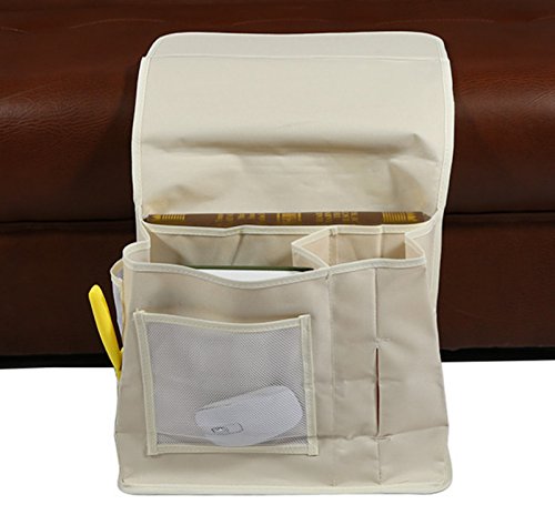 WSLCN Oxford Bed Pockets Portable Remote Control Bedside Storage Caddy Hanging Organizer Bag with 6 Pockets Bed Sofa Organizer for Magazine Tissue Phone Beige - color: Beige