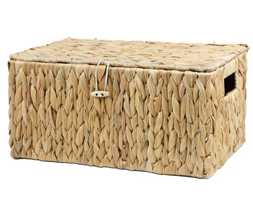ORDELITE Large Wicker Basket with Lid, Rectangular Water Hyacinth Storage Baskets for Organizing, Woven Basket for Storage, Decorative Boxes Bins with Lids Home Organizer Decor - size: 14.2" x 9.4" x 7"